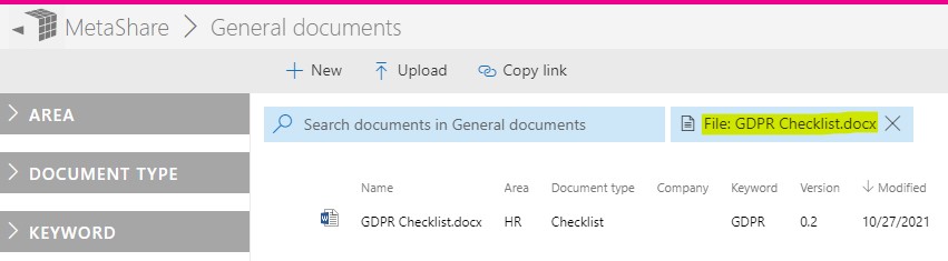 A filtered document in a workspace