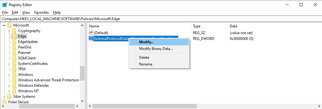 Right-click the “ExternalProtocolDialogShowAlwaysOpenCheckbox” value and select “Modify…”