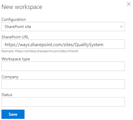 Workspace creation form, for a linked SharePoint site