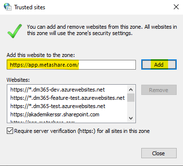 Add the domain to the trusted sites security zone