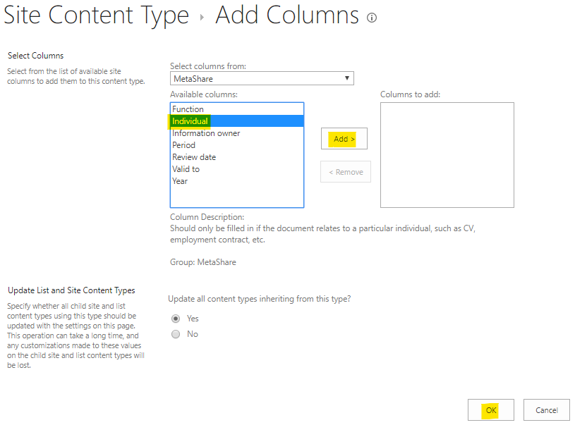 Adding columns to a site content type
