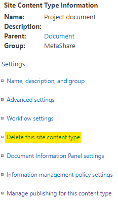 The link to delete a site content type