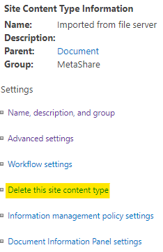 The link to delete a site content type