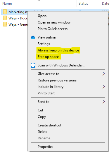 OneDrive's "Free up space" and "Always keep on this device" options