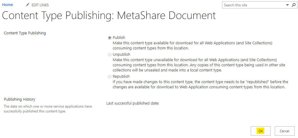 Content type publishing: MetaShare document