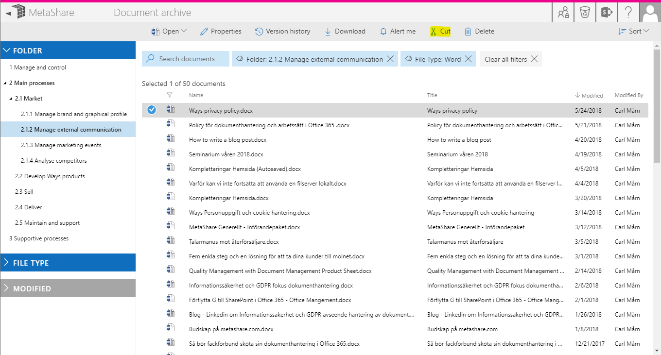 Moving documents from an archive workspace to active workspaces